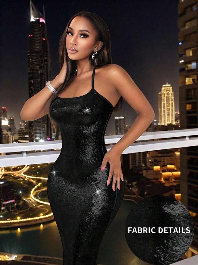 black glittery mermaid hem halter neck dress