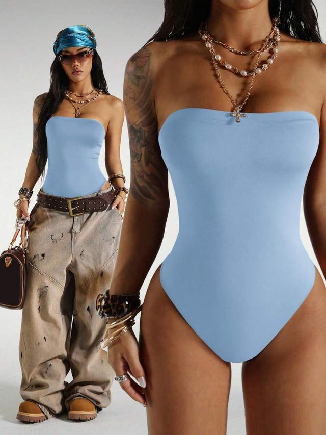 light blue strapless sleeveless bodysuit