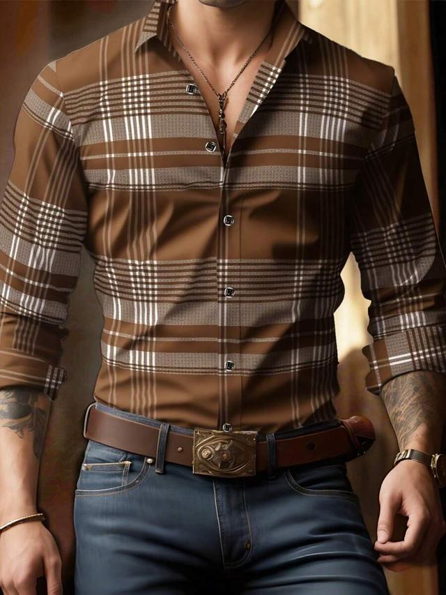 men's brown plaid long sleeve button-down shirt