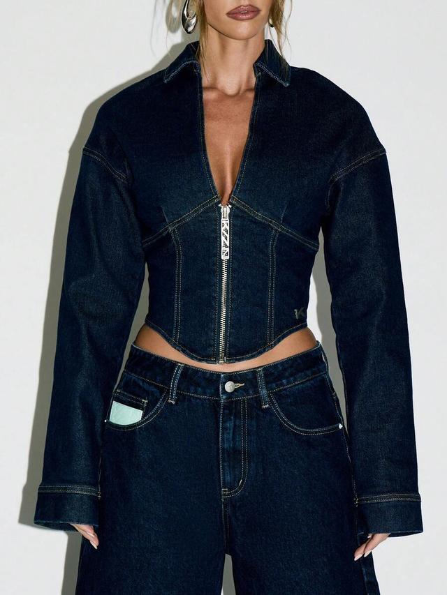 dark wash denim corset style zip up jacket