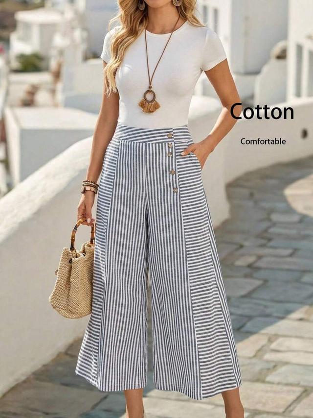 faunlyn striped print slant pocket wide leg pants