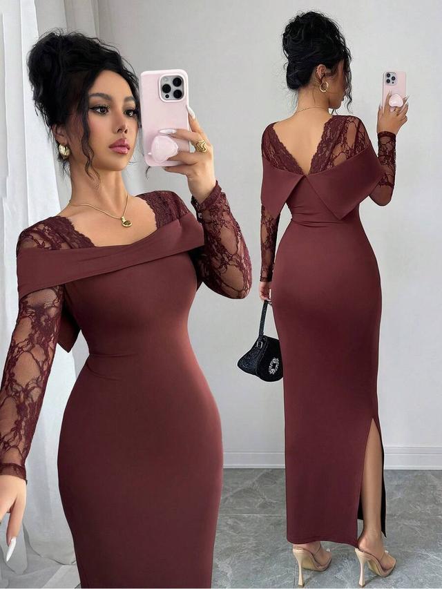 burgundy lace patchwork square neck long sleeve fitted dress