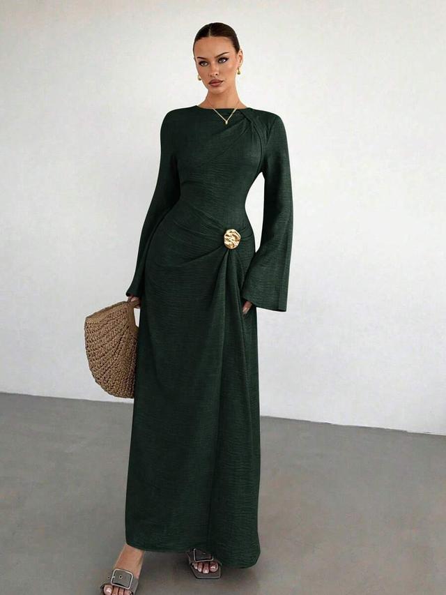 dark green twist front buckle detail flared dress