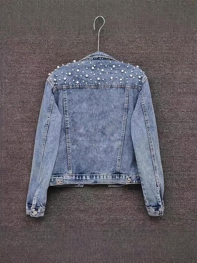 embellished denim jacket with pearl accents
