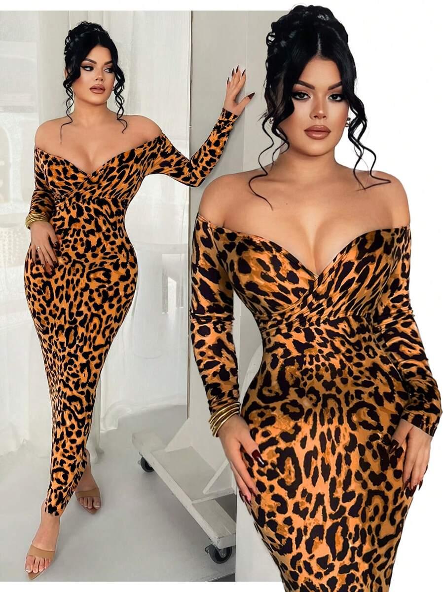 leopard print off shoulder long sleeve midi dress