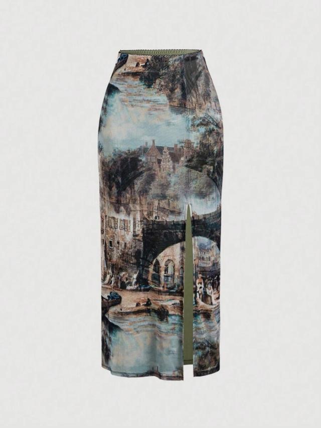 vintage elegant oil painting print split hem skirt