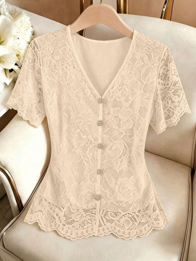 beige v-neck lace trim casual blouse