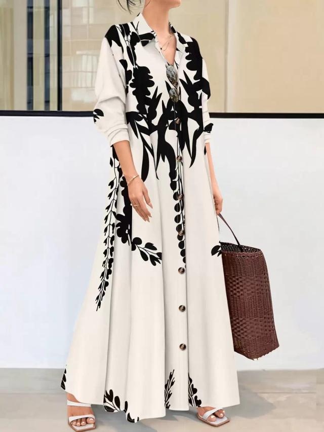 black and white floral print long sleeve maxi dress