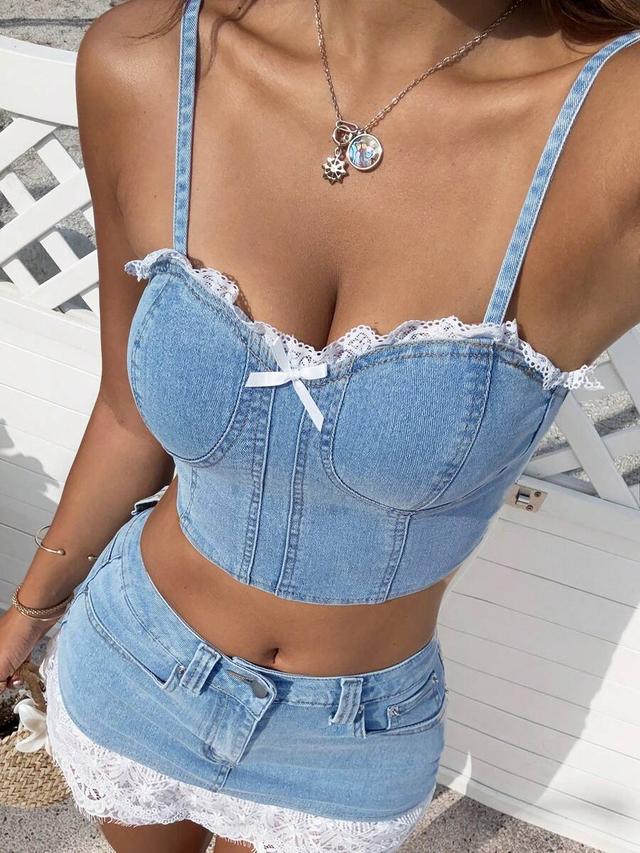 light wash denim corset camisole with lace trim