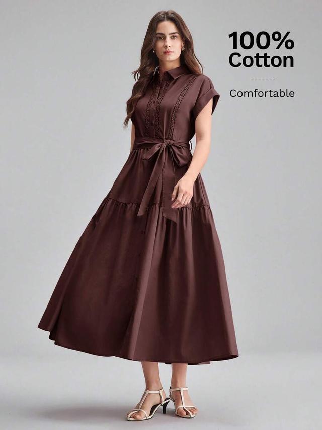 dark brown cotton button-down midi dress with lace trim