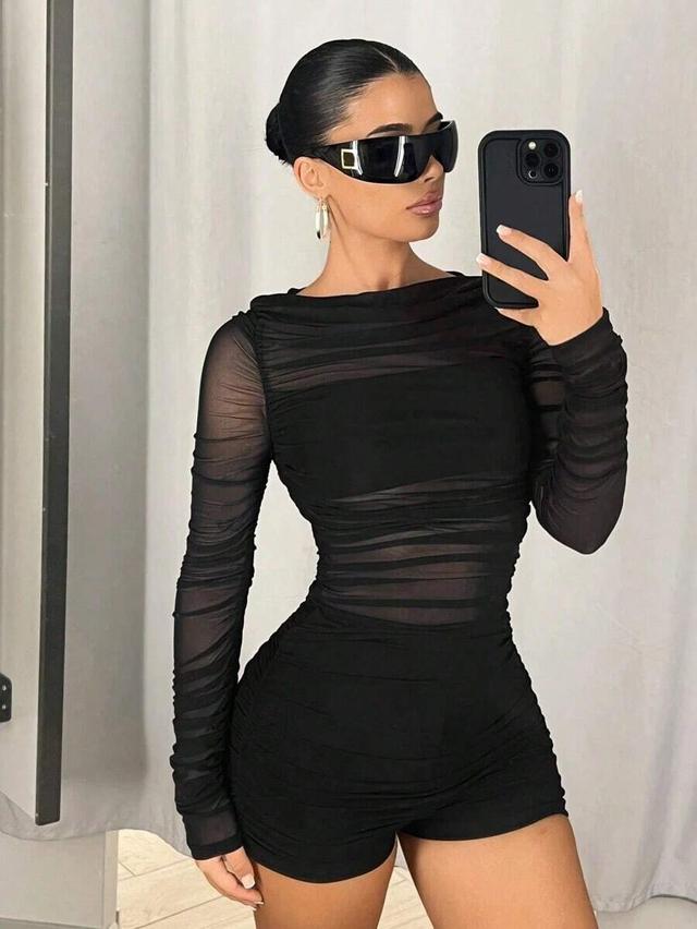 black ruched mesh long sleeve bodysuit in dark red