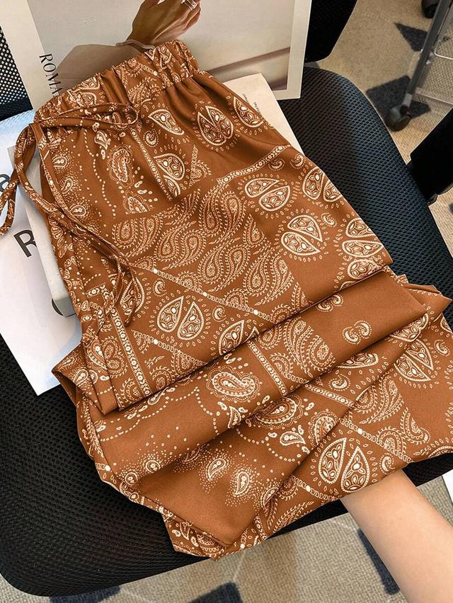 brown paisley print wide leg vacation pants