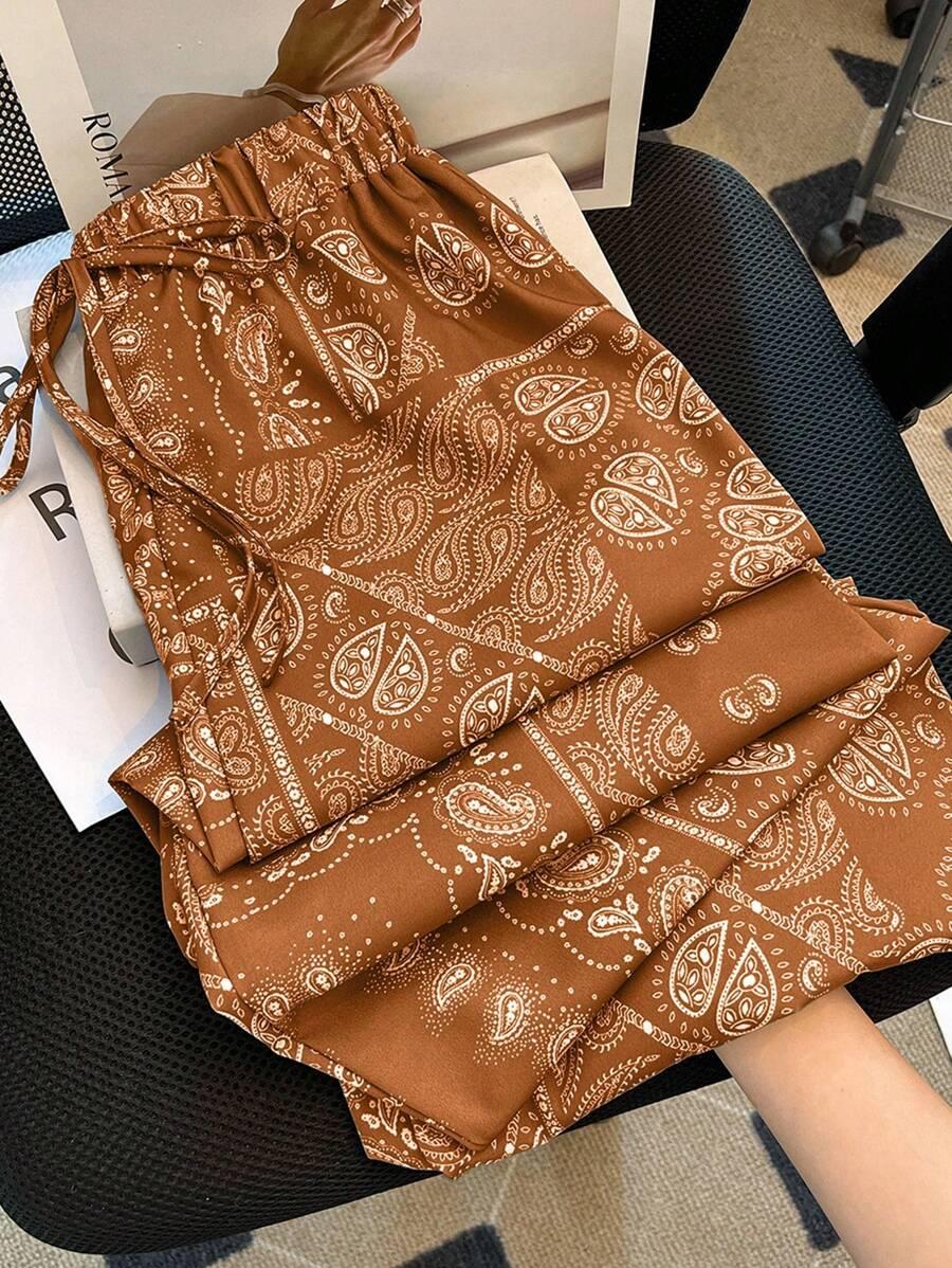 brown paisley print wide leg vacation pants