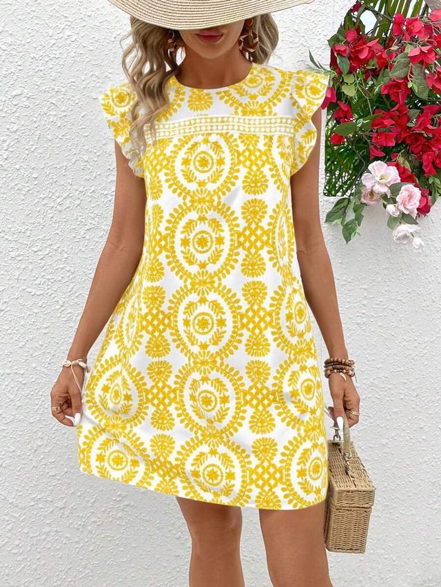 yellow and white printed flutter sleeve shift dress