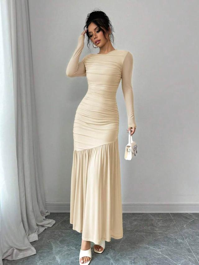 beige ruched long sleeve drop waist maxi dress