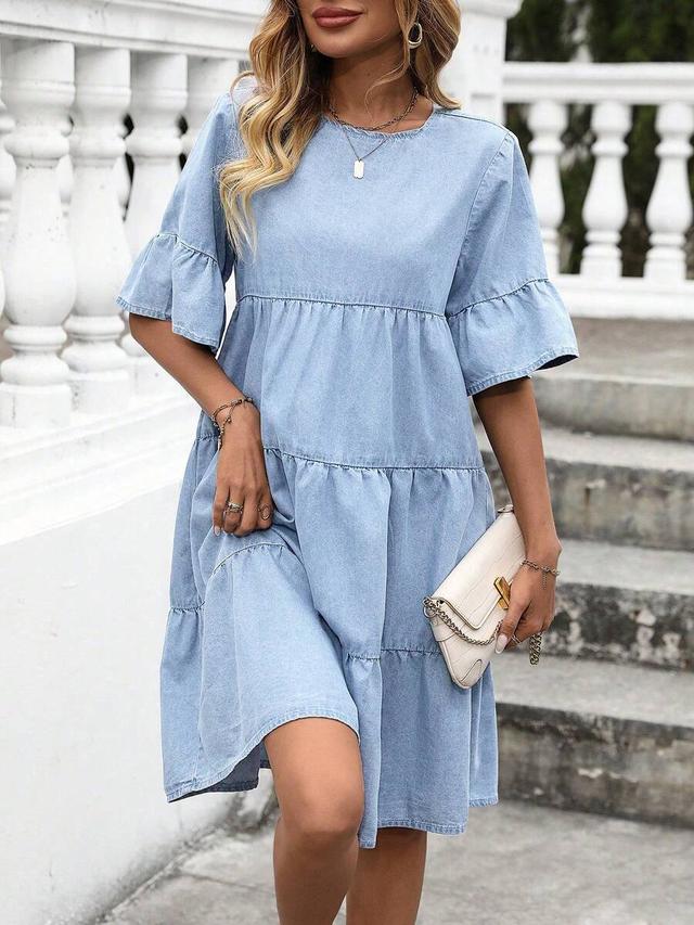 light wash denim tiered ruffle sleeve dress