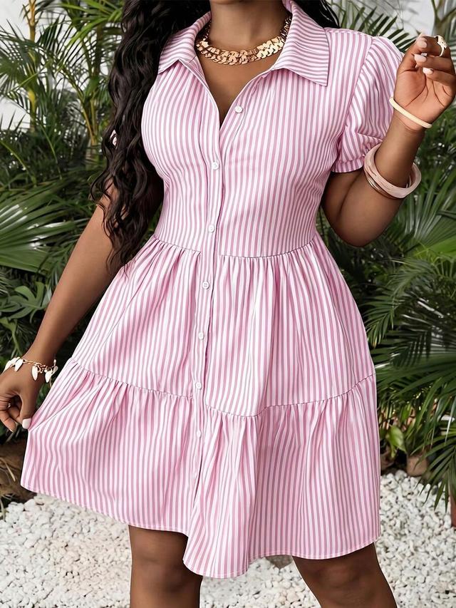 pink and white striped button-down shirt dress