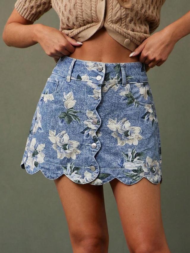 floral denim high waist scalloped mini skirt