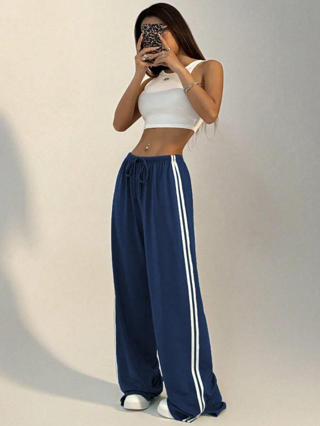 navy blue white side stripe wide leg sweatpants