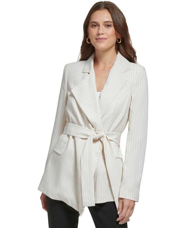womens pinstriped belted blazer jacket