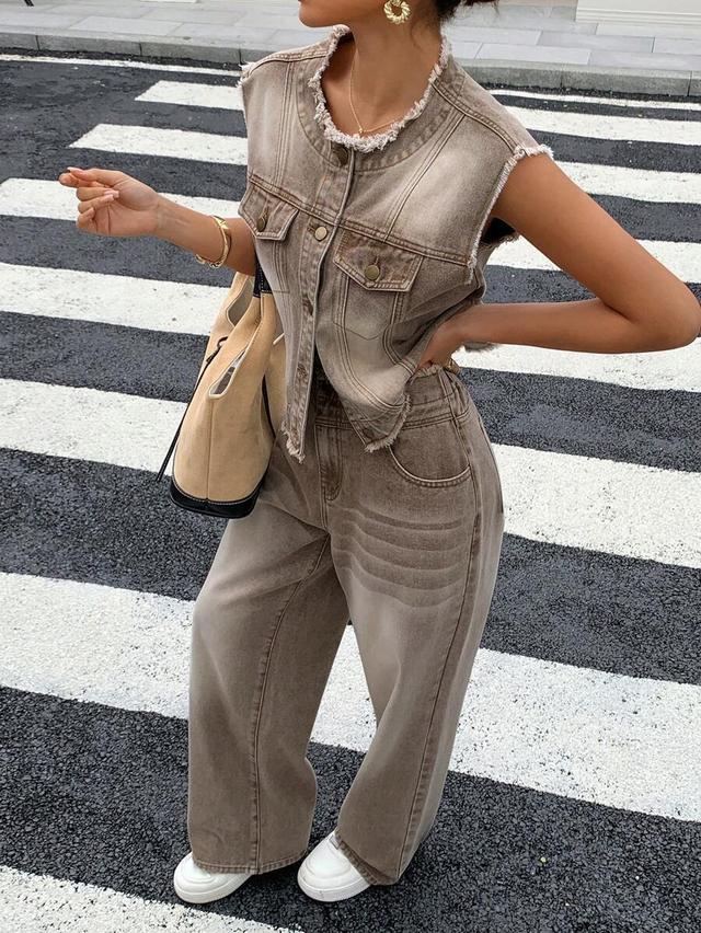 vintage distressed denim sleeveless vest and wide leg jeans