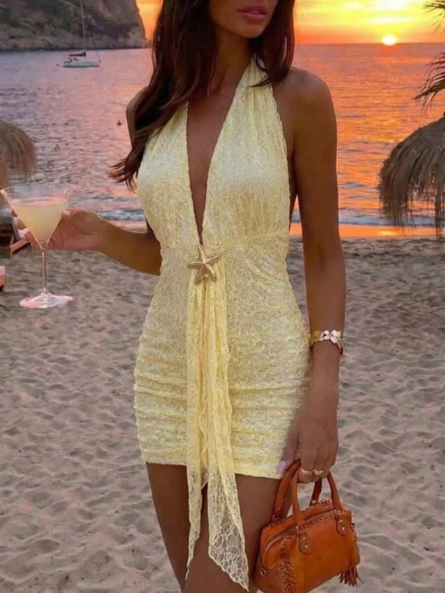 pale yellow lace starfish backless mini dress