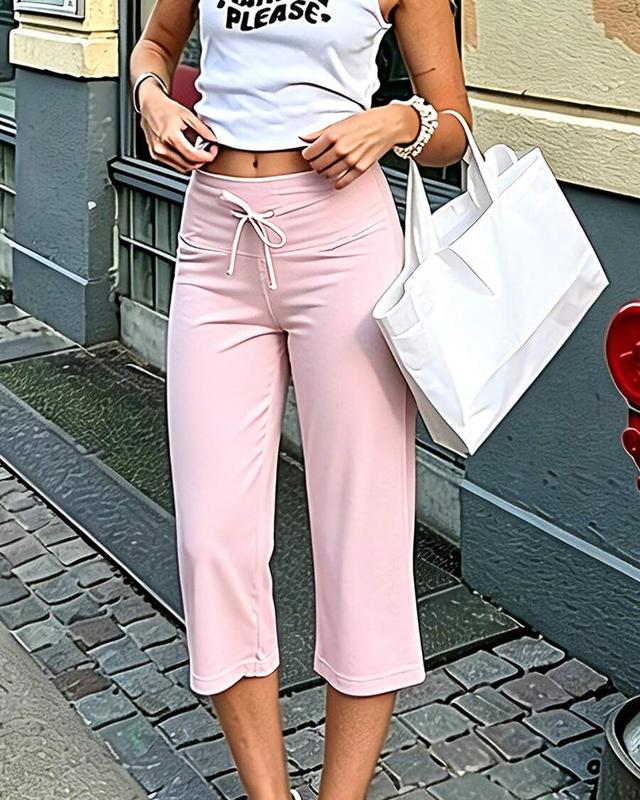 women's pink cropped drawstring lounge capri pants