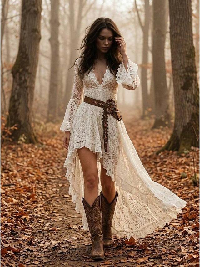 boho lace high-low long sleeve dress