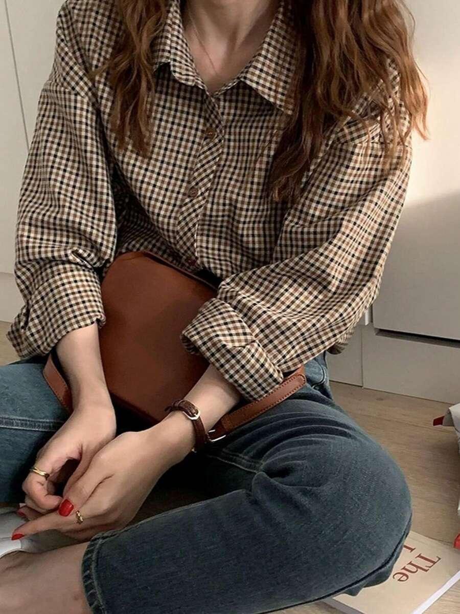 women's classic plaid shirt with drop shoulder sleeves