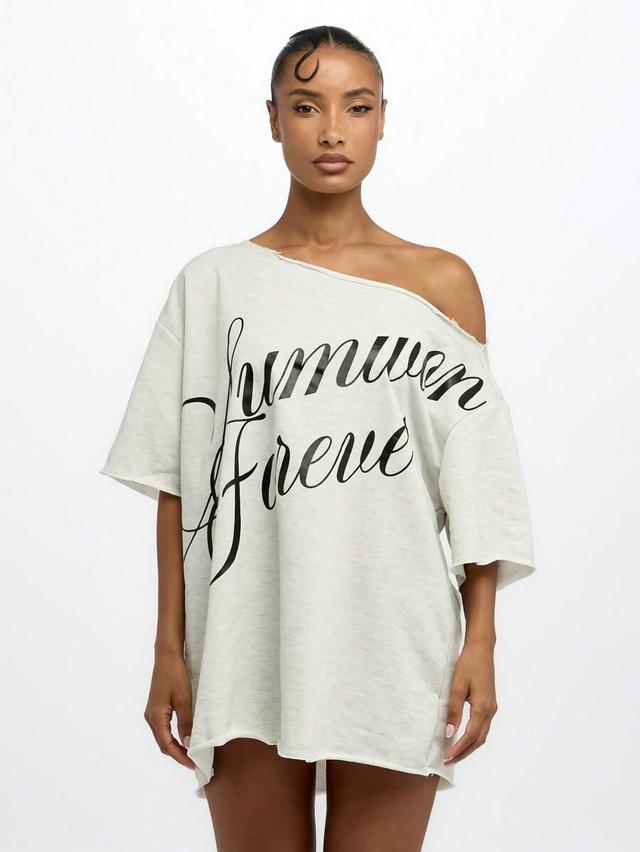 oversized raw edge graphic t-shirt dress