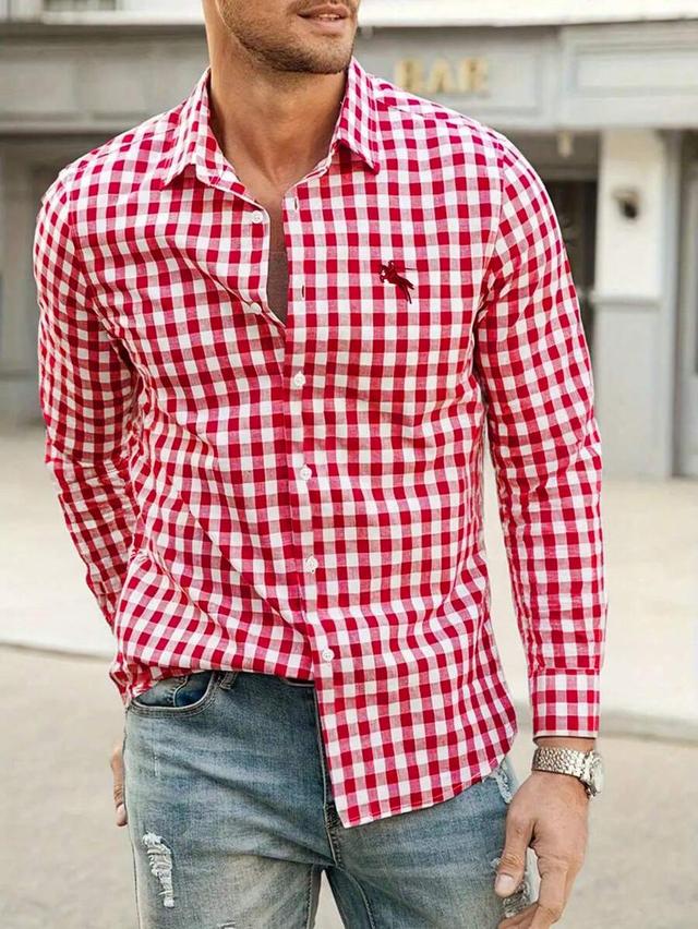 red and white plaid long sleeve button down shirt