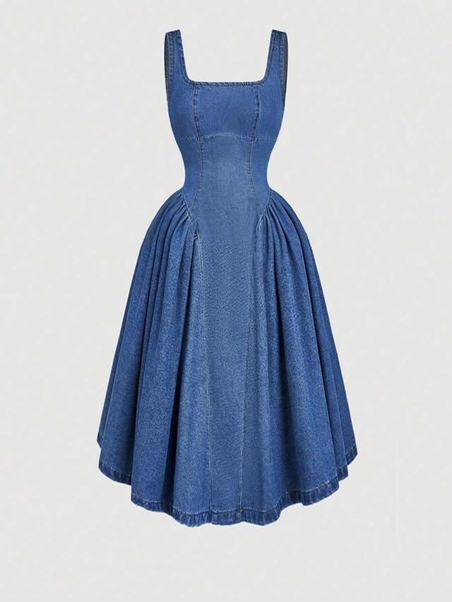 structured denim midi dress with princess seams