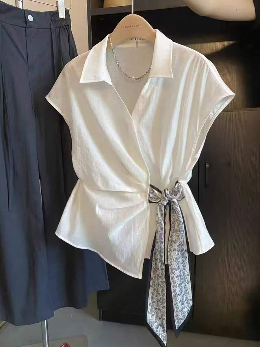 white linen blend asymmetrical tie front blouse