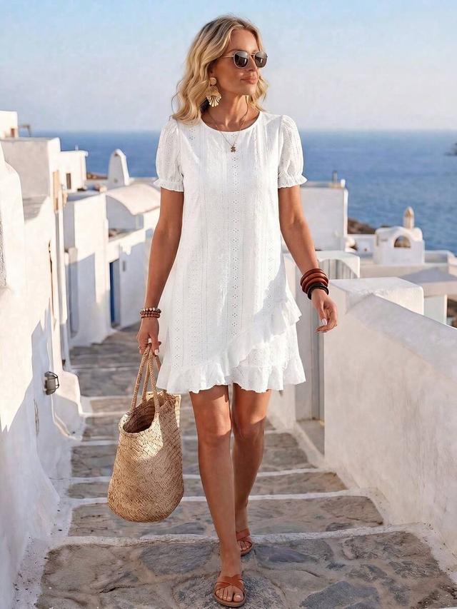 white eyelet embroidery dress with puff sleeves and ruffle