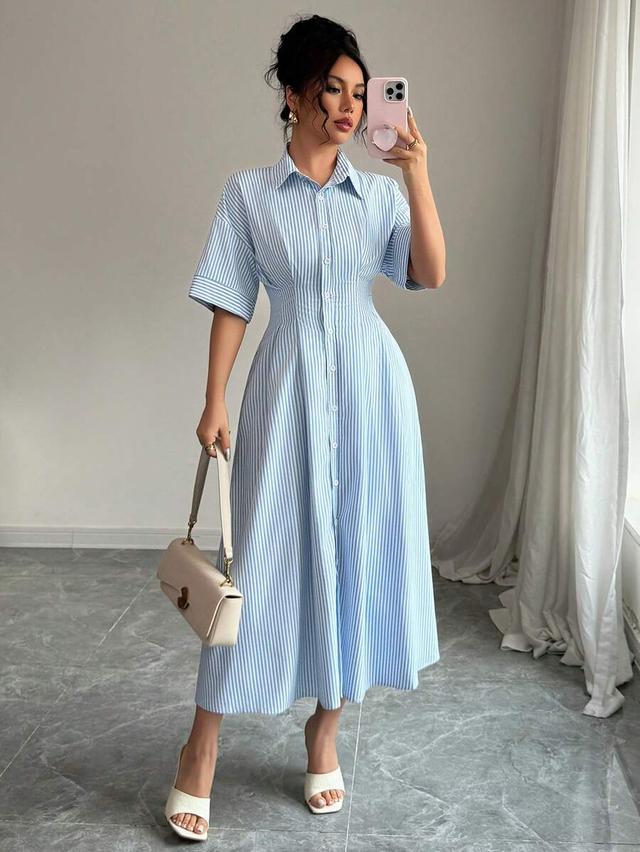 selianne elegant collared short sleeve button down waist striped dress