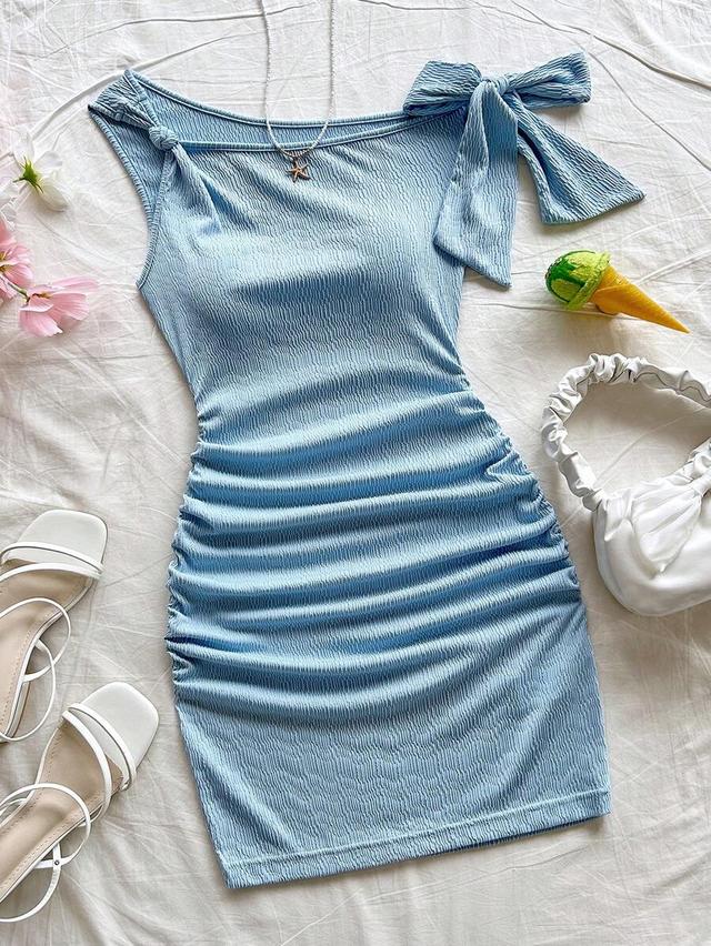 light blue textured knit bodycon dress with bow detail