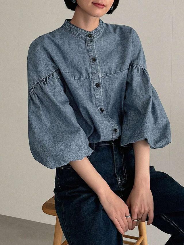 denim stand collar lantern sleeve blouse