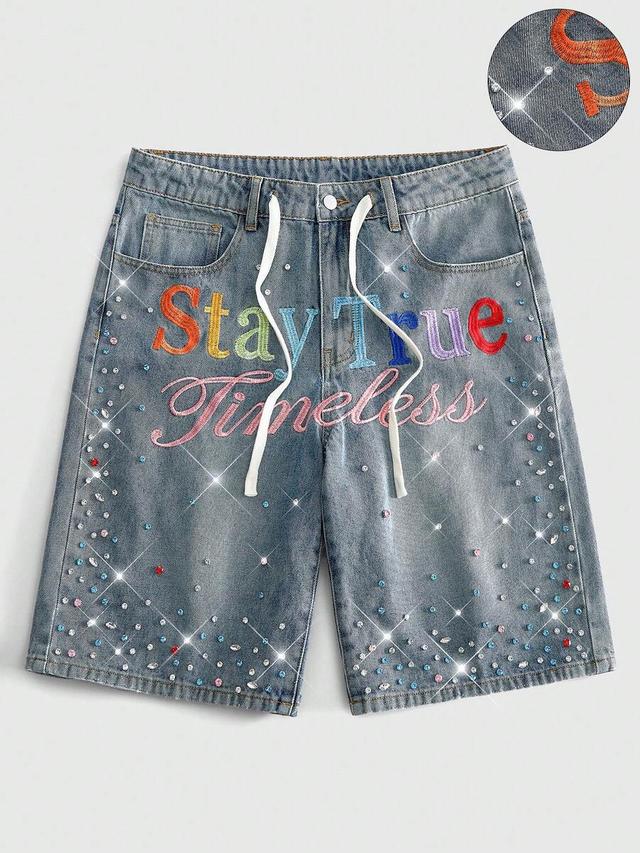 loose fit denim shorts with colorful embroidery and rhinestones