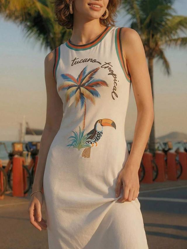 cajuni women's letter and coconut tree print colorblock dress