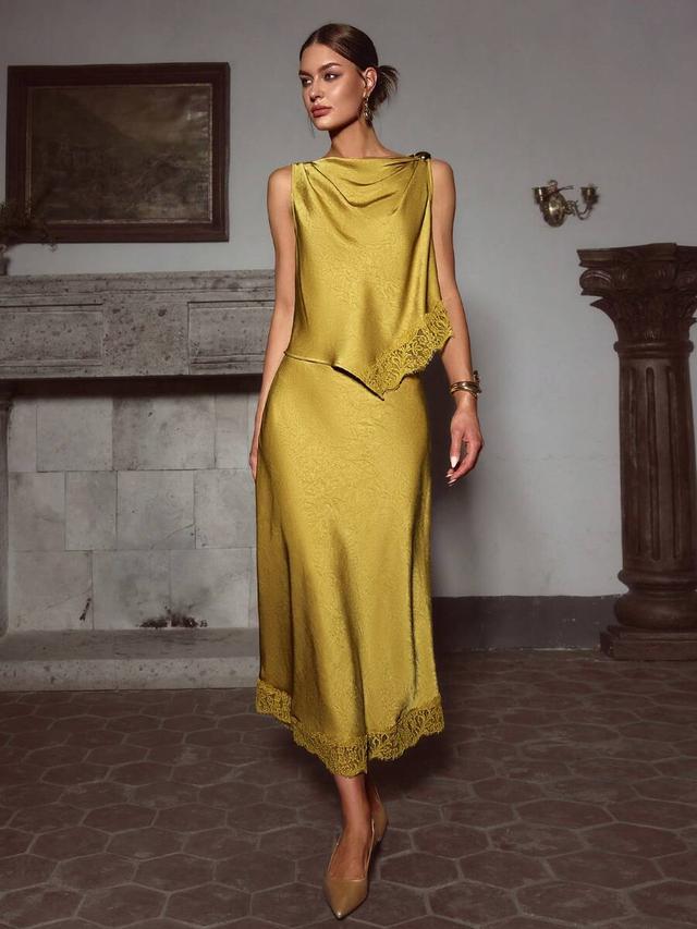 mustard satin lace patchwork sleeveless top and skirt set