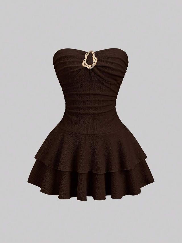 brown strapless double-layer mini dress