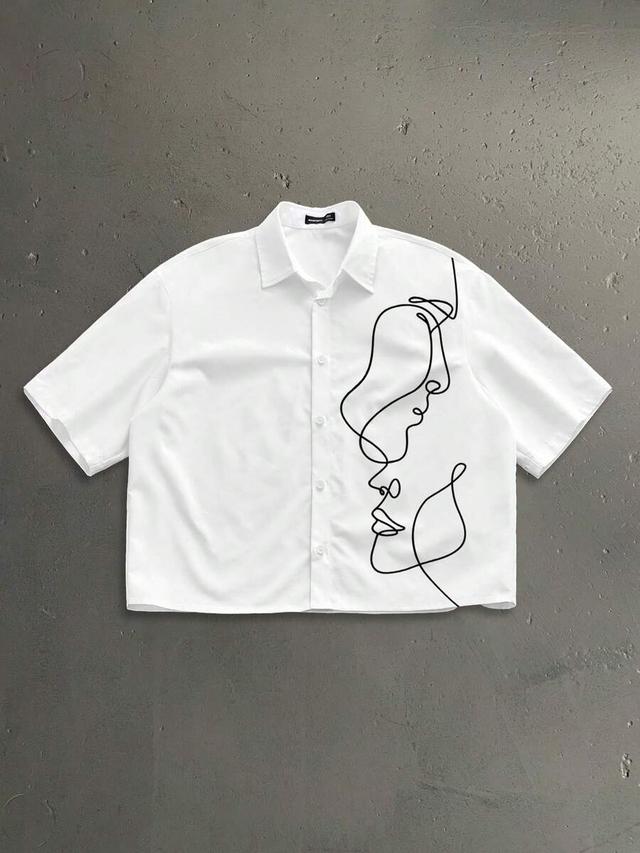 white abstract line sketch portrait print loose shirt