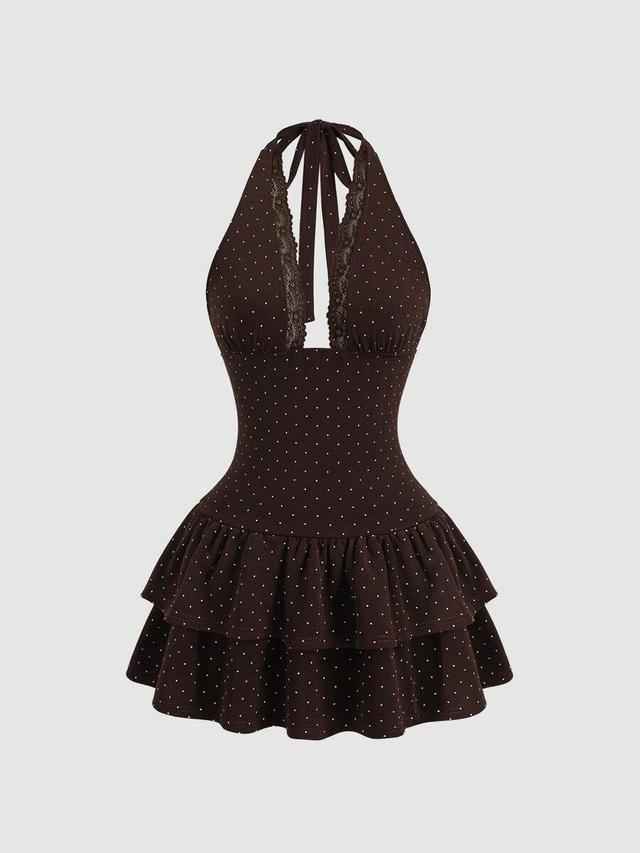 brown polka dot lace patchwork mini dress