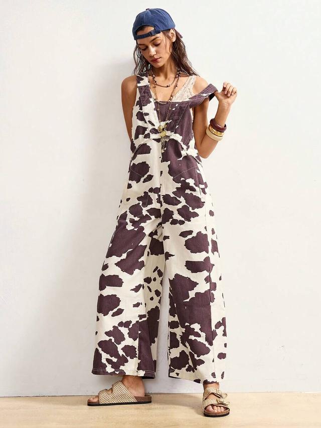 women's cow print denim overalls jumpsuit