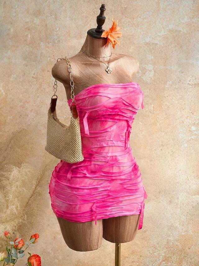 pink tie-dye distressed bandeau mini dress