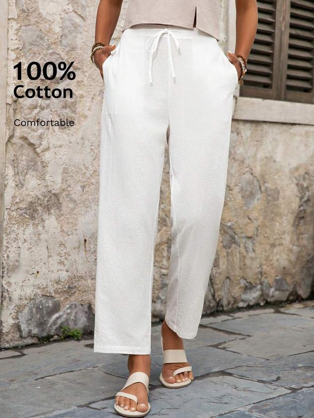 white cotton straight-leg casual summer trousers