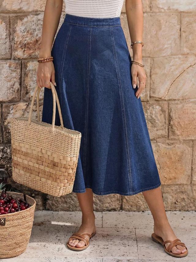 dark wash denim midi skirt with panel construction