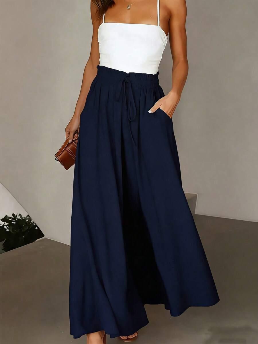 navy blue wide leg woven casual trousers