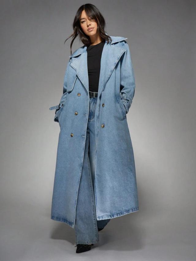 oversized light wash denim trench coat