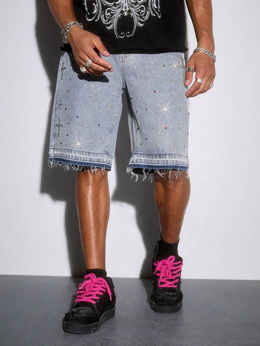 light wash denim shorts with colorful crystal rhinestones